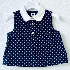 JANIE AND JACK Sleeveless Cotton Collared Shirt Sz 2T Navy White Button Worn 1X